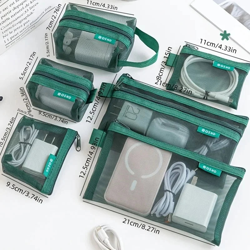 6-Piece Transparent Mesh Storage Bag Set – Travel Organizer Pouches for Coins, Cards & Cosmetics