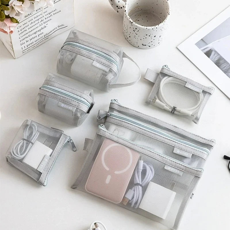 6-Piece Transparent Mesh Storage Bag Set – Travel Organizer Pouches for Coins, Cards & Cosmetics